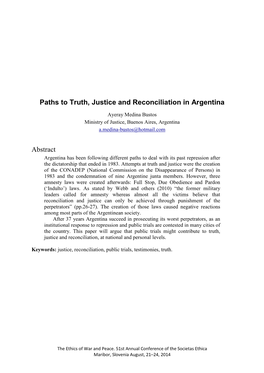 Paths to Truth, Justice and Reconciliation in Argentina Abstract