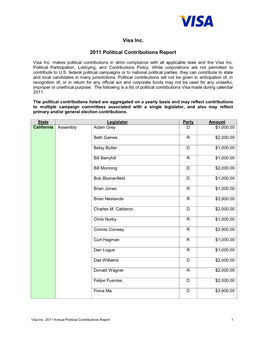 Visa Inc. 2011 Political Contributions Report