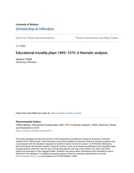 Educational Morality Plays 1495--1575: a Thematic Analysis