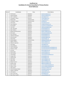 Unofficial List Candidates for General Assembly for Primary Election Email Addresses