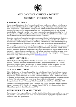 ANGLO-CATHOLIC HISTORY SOCIETY Newsletter—December 2010