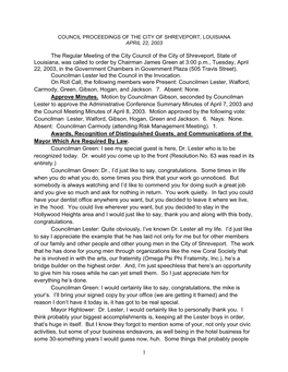 Council Proceedings of the City of Shreveport, Louisiana April 22, 2003