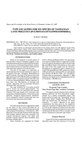 Type Localities for Six Species of Tasmanian Land Molluscs (Pulmonata:Stylommatophora)