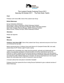 The Lowland Canals Customer Forum 2011 Saturday 29 October 2011 the Park Hotel, Falkirk