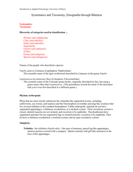 Systematics and Taxonomy, Entognatha Through Blattaria