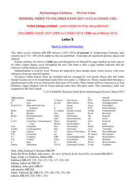 Archaeologia Cantiana - On-Line Index GENERAL INDEX to VOLUMES CXXXI 2011 (131) to CXXXX (140)