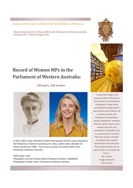Record of Women Mps in the Parliament of Western Australia