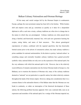 Balkan Culinary Nationalism and Ottoman Heritage