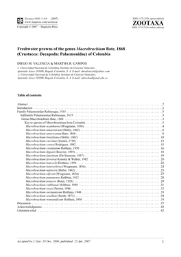 Zootaxa,Freshwater Prawns of the Genus Macrobrachium Bate, 1868