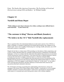 Chapter 12 Nardelli and Home Depot “The Customer Is King” Marcus And