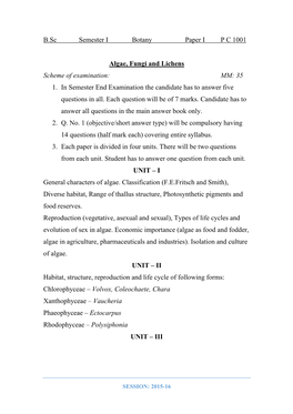 B.Sc Semester I Botany Paper IPC 1001 Algae, Fungi and Lichens