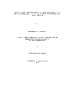 INTRODUCTION and ESTABLISHMENT of THREE PARASITOIDS of the LILY LEAF BEETLE, Lilioceris Lilii, (COLEOPTERA: CHRYSOMELIDAE ) in NORTH AMERICA