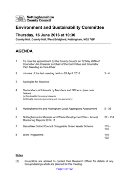 Environment and Sustainability Committee Thursday, 16 June 2016 at 10:30 County Hall, County Hall, West Bridgford, Nottingham, NG2 7QP