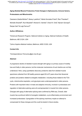 Aging Skeletal Muscle Proteomics Finds Changes in Spliceosome, Immune Factors