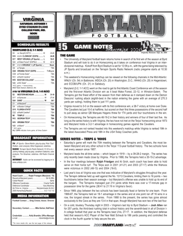 GAME NOTES MARYLAND (2-2, 1-1 ACC) GAME 5 Homecoming 2005 S3 Vs