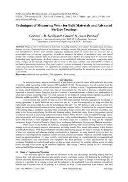 Techniques of Measuring Wear for Bulk Materials and Advanced Surface Coatings