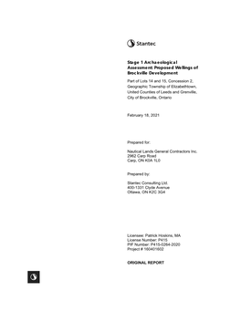 Stage 1 Archaeological Assessment: Proposed Wellings of Brockville Development
