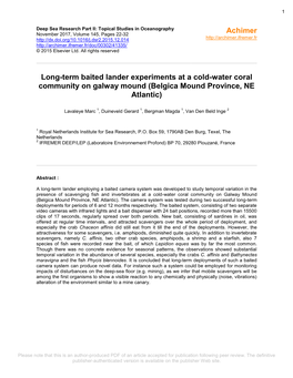 Long-Term Baited Lander Experiments at a Cold-Water Coral Community on Galway Mound (Belgica Mound Province, NE Atlantic)