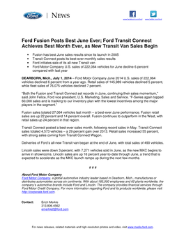 Ford Fusion Posts Best June Ever; Ford Transit Connect Achieves Best Month Ever, As New Transit Van Sales Begin