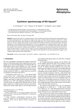 Cyclotron Spectroscopy of HU Aquarii