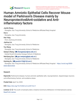 Human Amniotic Epithelial Cells Recover Mouse Model of Parkinson’S Disease Mainly by Neuroprotective，Anti-Oxidative and Anti- Infammatory Factors