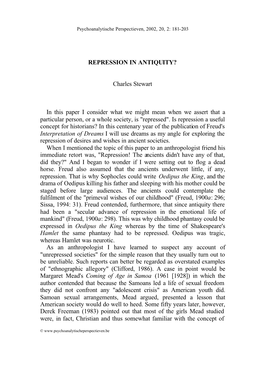 REPRESSION in ANTIQUITY? Charles Stewart in This Paper I Consider What We Might Mean When We Assert That a Particular Person, Or