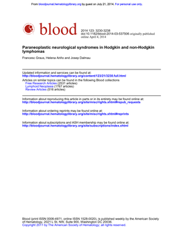 Lymphomas Paraneoplastic Neurological Syndromes in Hodgkin and Non-Hodgkin