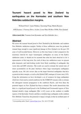 Tsunami Hazard Posed to New Zealand by Earthquakes on the Kermadec and Southern New Hebrides Subduction Margins. Abstract