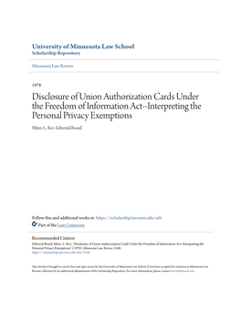 Disclosure of Union Authorization Cards Under the Freedom of Information Act--Interpreting the Personal Privacy Exemptions Minn