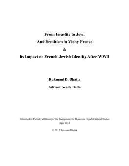 Anti-Semitism in Vichy France & Its Impact on French-Jewish Identity