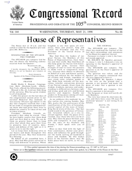 Congressional Record United States Th of America PROCEEDINGS and DEBATES of the 105 CONGRESS, SECOND SESSION