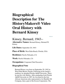 Biographical Description for the Historymakers® Video Oral History with Bernard Kinsey