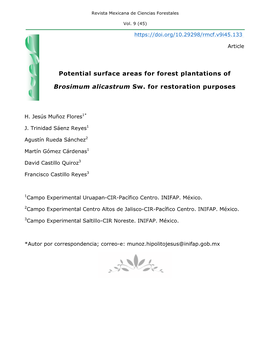Potential Surface Areas for Forest Plantations of Brosimum Alicastrum Sw. for Restoration Purposes