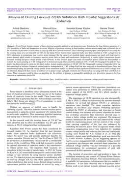 Analysis of Existing Losses of 220 Kv Substation with Possible Suggestions of Reduction