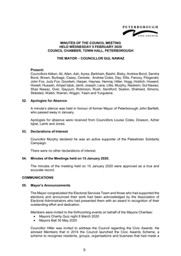 Minutes of the Council Meeting Held Wednesday 5 February 2020 Council Chamber, Town Hall, Peterborough