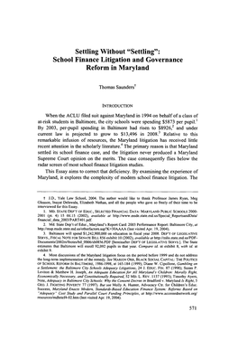 School Finance Litigation and Governance Reform in Maryland