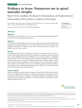 Nusinersen Use in Spinal Muscular Atrophy Report of the Guideline Development, Dissemination, and Implementation Subcommittee of the American Academy of Neurology