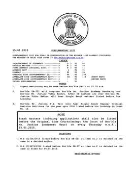 15.01.2015 NOTE Fresh Matters Including Applications Shall Also Be