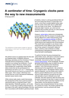 A Centimeter of Time: Cryogenic Clocks Pave the Way to New Measurements 9 February 2015