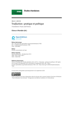 Études Irlandaises, 35-2 | 2010, « Traduction : Pratique Et Poétique » [En Ligne], Mis En Ligne Le 30 Décembre 2010, Consulté Le 23 Septembre 2020