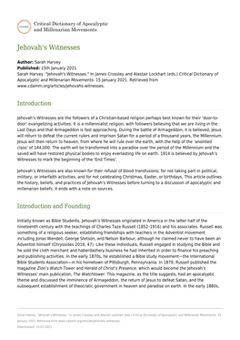 Jehovah's Witnesses." in James Crossley and Alastair Lockhart (Eds.) Critical Dictionary of Apocalyptic and Millenarian Movements