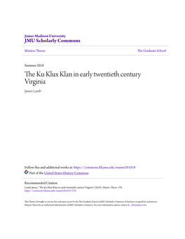 The Ku Klux Klan in Early Twentieth Century Virginia James Lamb