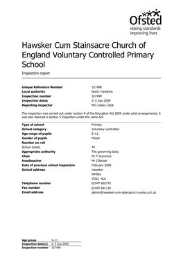 Hawsker Cum Stainsacre Church of England Voluntary Controlled Primary School Inspection Report