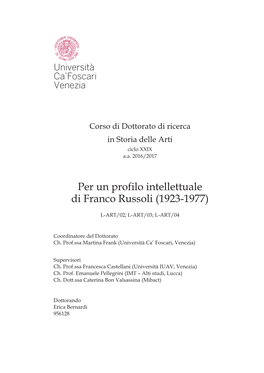 Per Un Profilo Intellettuale Di Franco Russoli (1923-1977)