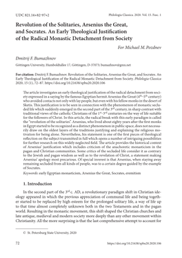 Revolution of the Solitaries, Arsenius the Great, and Socrates. an Early Theological Justification of the Radical Monastic Detachment from Society for Michael M