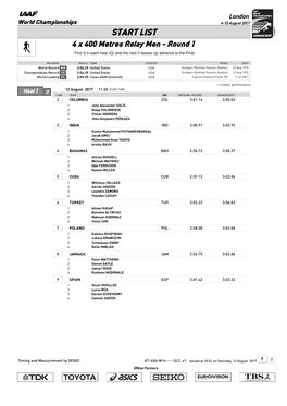 START LIST 4 X 400 Metres Relay Men - Round 1 First 3 in Each Heat (Q) and the Next 2 Fastest (Q) Advance to the Final