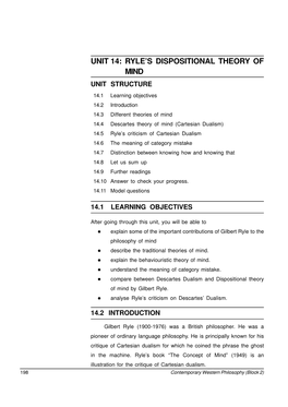 Unit 14: Ryle's Dispositional Theory of Mind