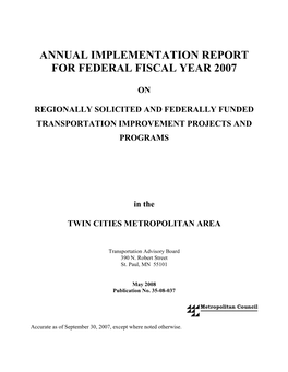 Annual Implementation Report for Federal Fiscal Year 2007 On