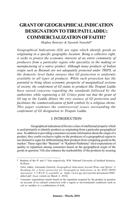 GRANT of GEOGRAPHICAL INDICATION DESIGNATION to TIRUPATI LADDU: COMMERCIALIZATION of FAITH? Meghna Banerjee & Susanah Nausahd*