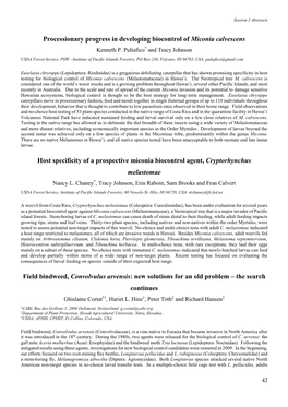 Processionary Progress in Developing Biocontrol of Miconia Calvescens Kenneth P